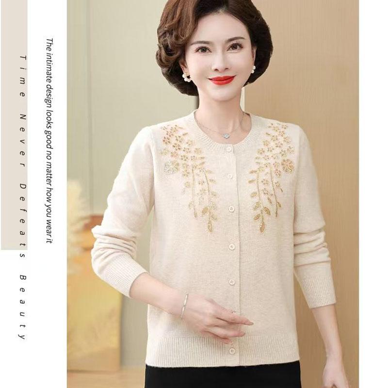 Autumn Women's Wool Cardigan Embroidered Rhinestone Round Neck Knitted Cardigan Sweater