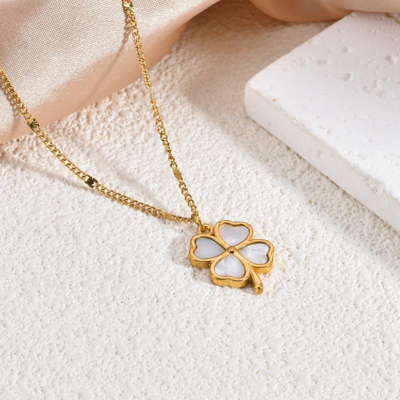 Elegant Four-Leaf Clover Titanium Steel Necklace with 18K Gold Plating, White Shell Pendant - Women's Versatile Jewelry