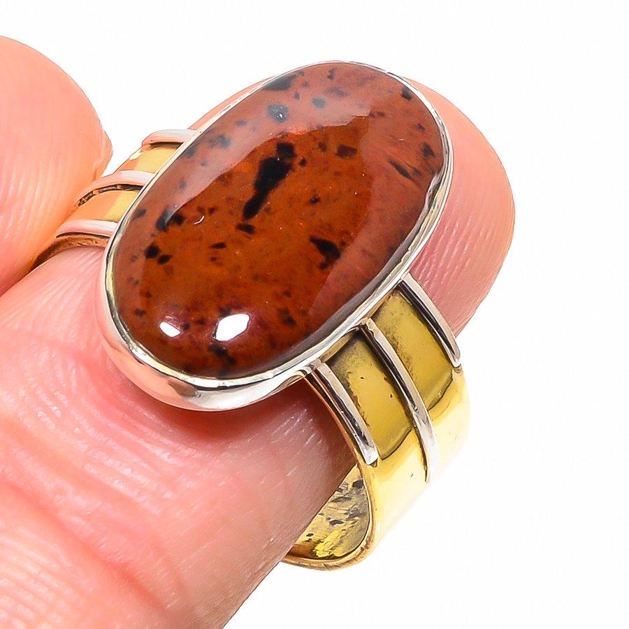 Natural Mahogany Obsidian Two Tone 925 Sterling Silver Jewelry Ring S.9.5 L0z67
