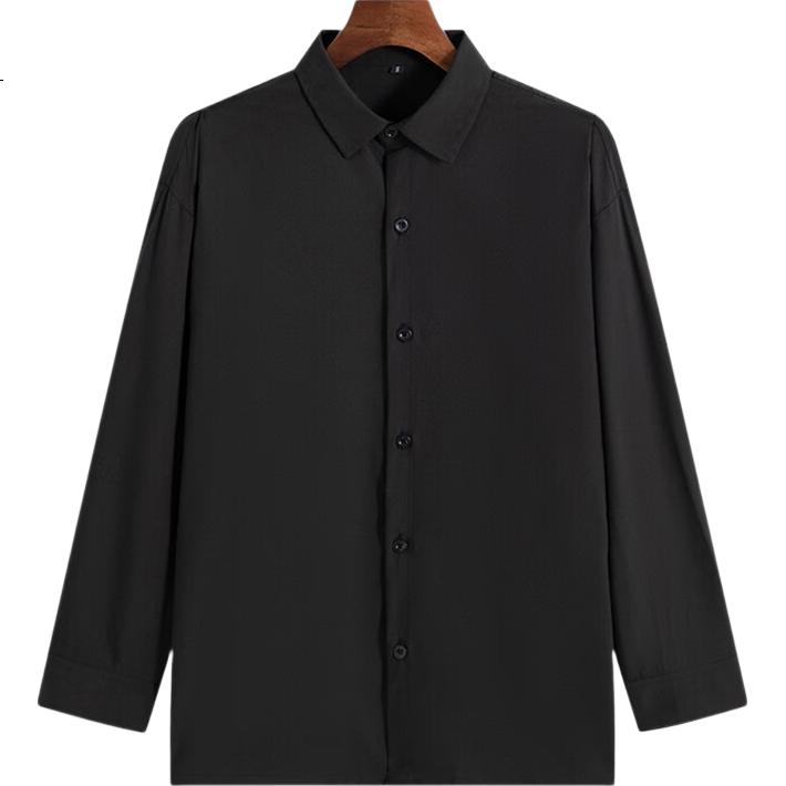 VANCAMEL Langarmhemd für Herren, Lockeres Freizeit-Oberteil für Herren, einfarbige Kleidung im koreanischen Stil, Schwarz, 2XL