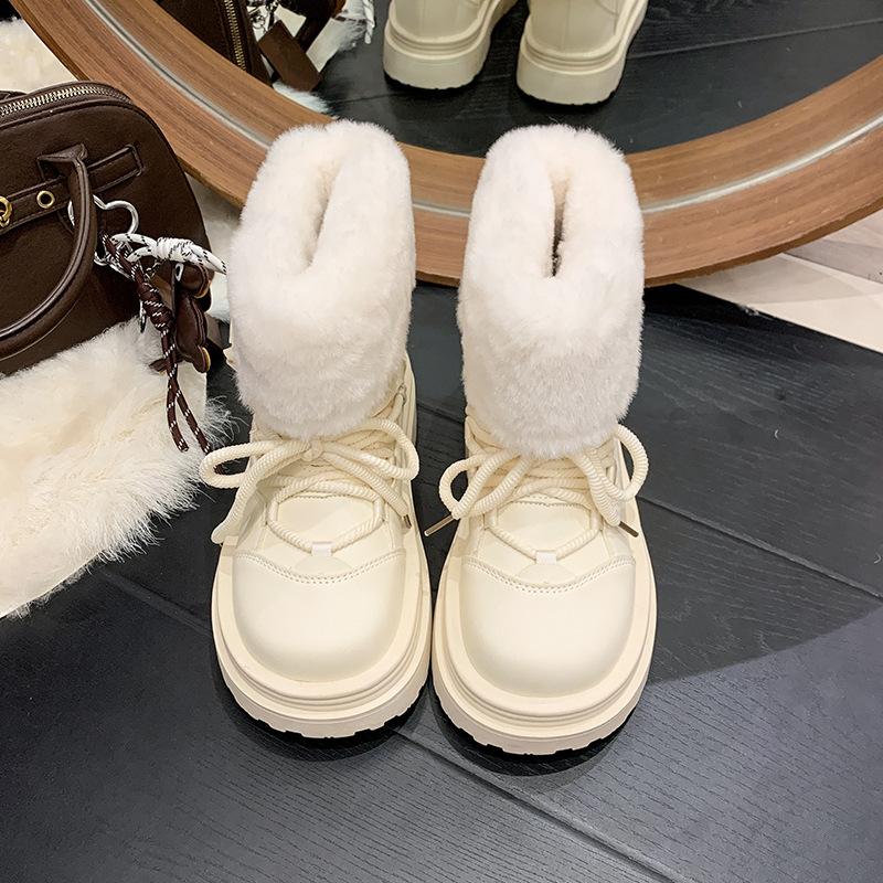 Women's Hairy Mouth Two Wear Fashion Lightweight Winter Warm Fur One Snow Boots Padded Lining Non-slip Casual Sports Martin Cotton Boots