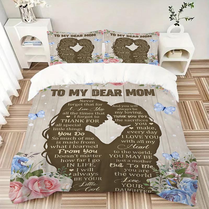 3PCs Mother's Day Gift Design Cover Set, Breathable Fabric, Machine Washable (1 Duvet Cover + 2 Pillowcases) (Without Quilt) Yy250911084