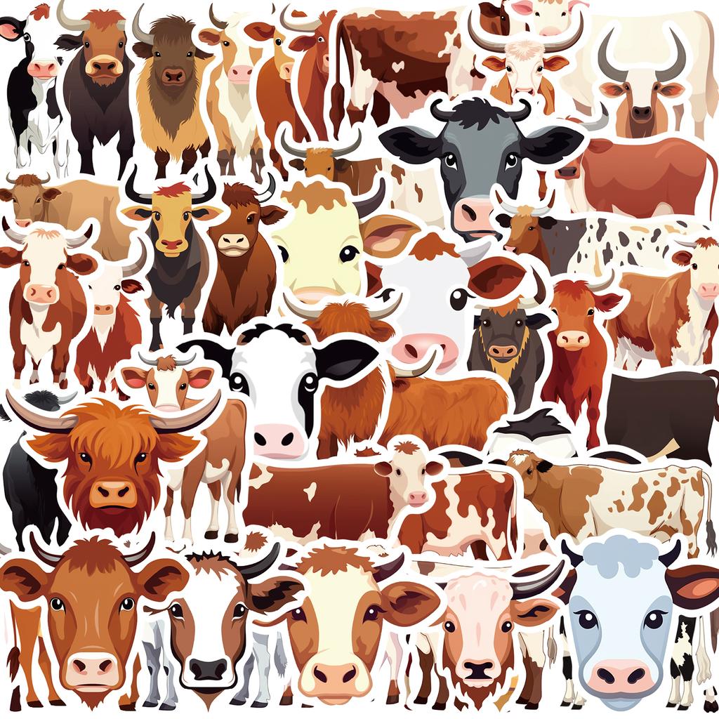 50Pcs Cute Cow Cartoon Stickers Animals Cattle Graffiti Kids Toy Skateboard Phone Laptop Luggage Sticker Decals