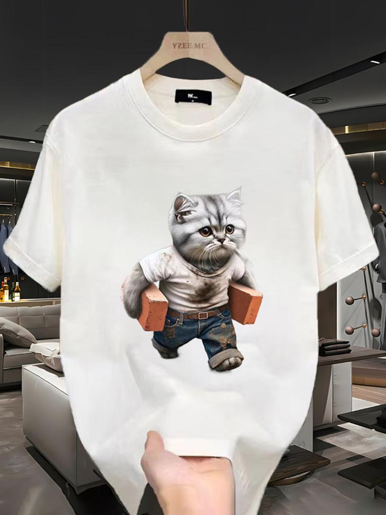 American Street Trend Fun Brick Cat Print 100 Cotton Men Woment Tshirt Summer Autumn Daily Outdoor Sports Casual Shortsleeve