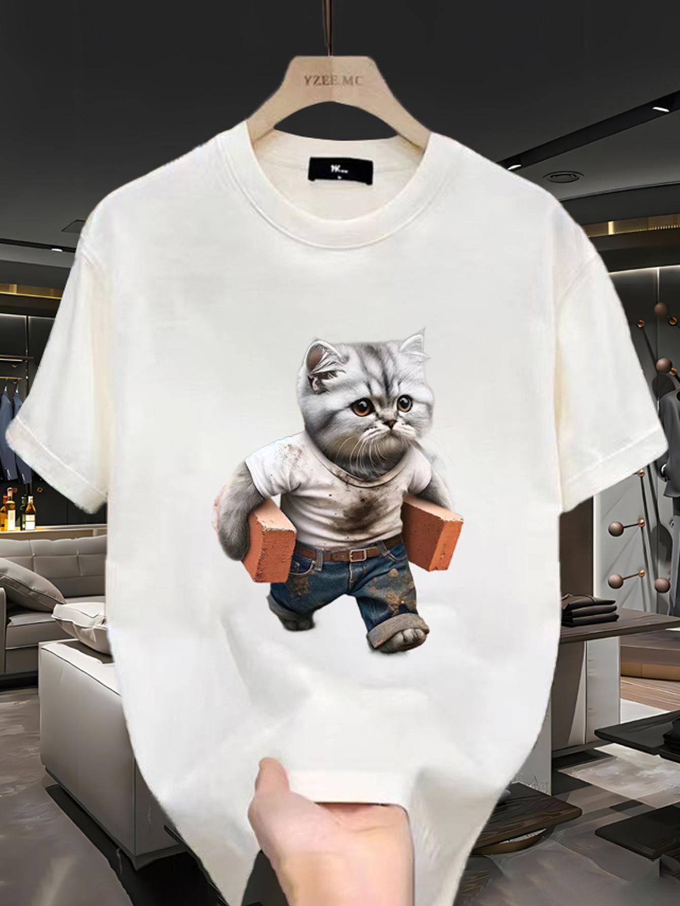 

American Street Trend Fun Brick Cat Print 100 Cotton Men Woment Tshirt Summer Autumn Daily Outdoor Sports Casual Shortsleeve 4XL