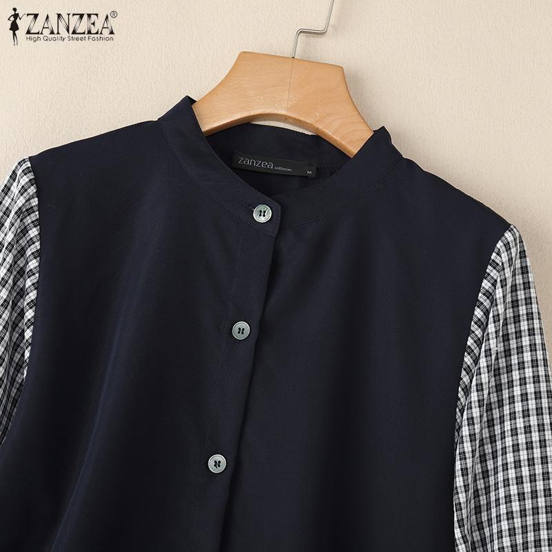 ZANZEA Damen Freizeit Rundhals Karomuster Patchwork Langarm Bluse