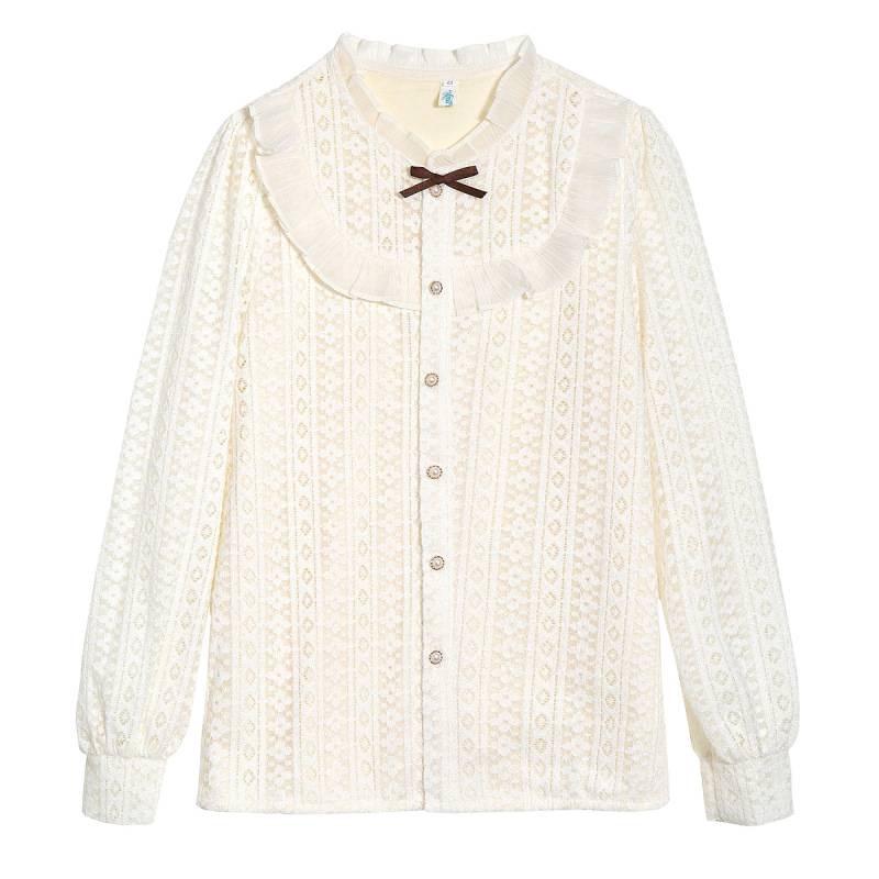 Women's Long Sleeve Stand Collar Lace Shirt with Velvet Inner Layer