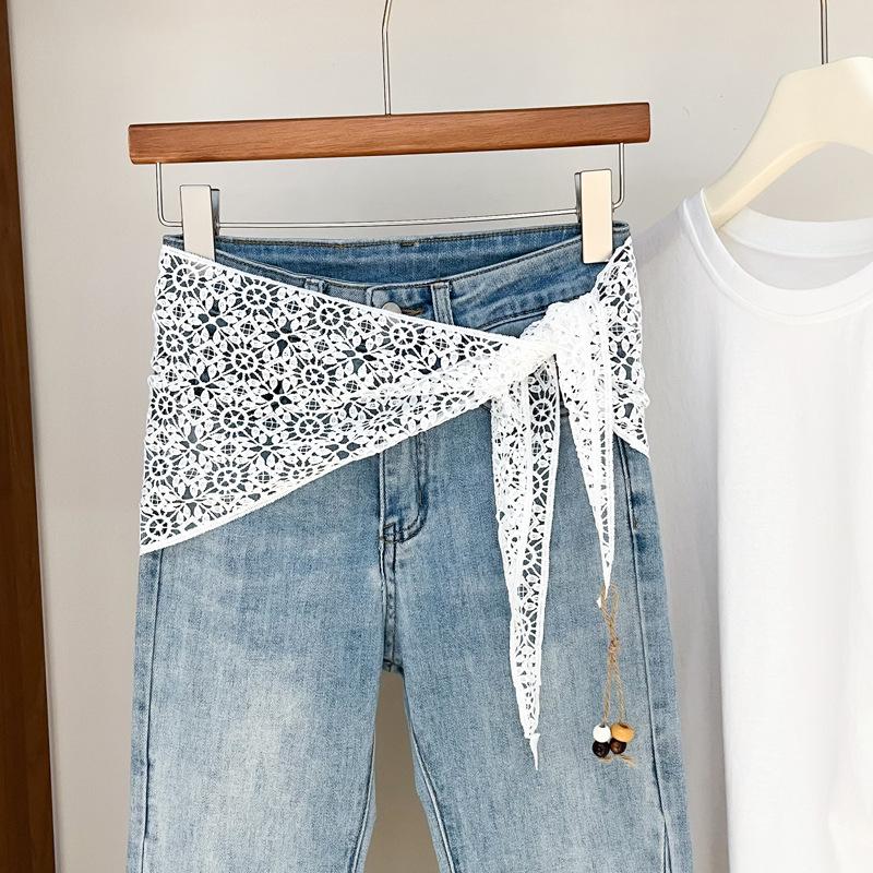 Lace Hollow Flower Fart Curtain Women'S Spring And Summer Jeans Premium Stacked Triangle Scarf Headscarf Ribbon Silk Scarf Trend