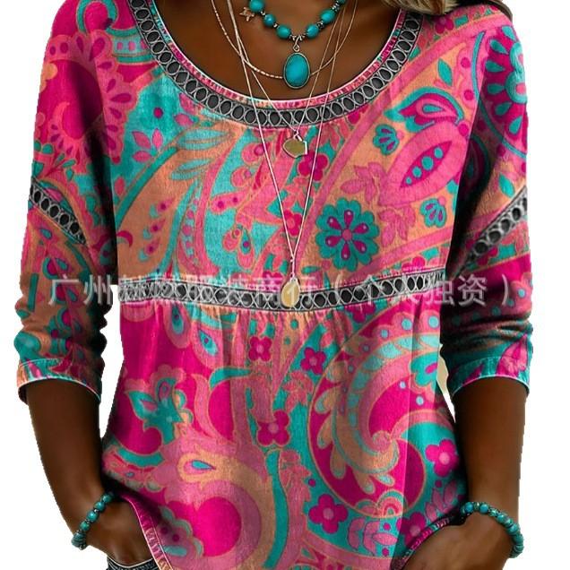 Women's Three-Quarter Sleeve Top Round Neck Bohemian Paisley Print Shirt Hollow Out Patchwork Loose Fit Vintage Casual Spring Daily Wear
