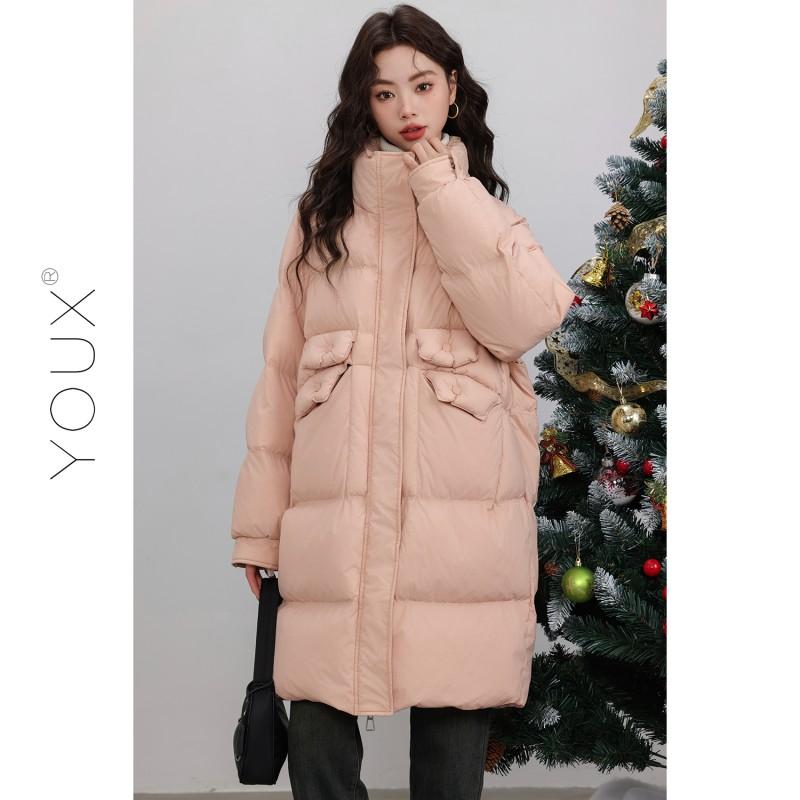 Womens Mid-Length Down Coat With Stand Collar White Duck Fill Candy Colors Slim Fit Winter 2025