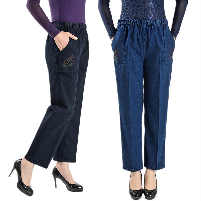 Middle-aged and Elderly Jeans Spring Straight High Waist Elastic Loose Jeans Women