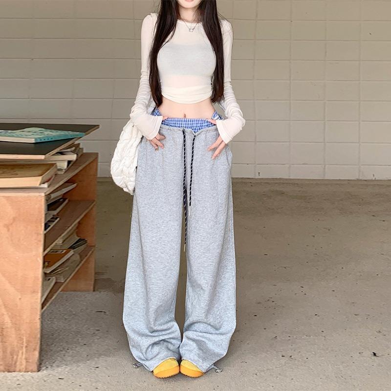 

Женские брюки с широкими штанинами и клетчатой вставкой, осенние новые ленивые брюки с высокой посадкой, свободные и стройнящие, прямые, повседневные XL (suitable for 125-72.5 kg) светло-серый