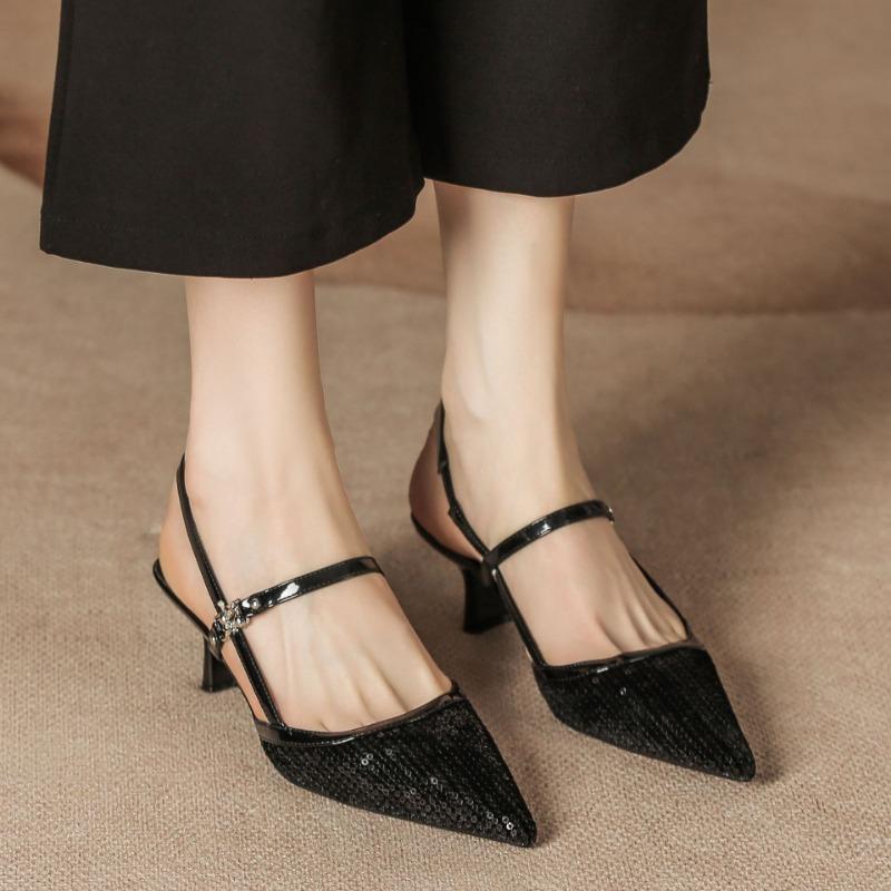 H963-1 black half bag head high heel sandals pointed head thin heel summer women's shoes sheepskin insole beaded sheet surface