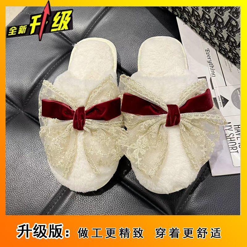 Home Baotou warm and non-slip student cotton slippers 2025 winter new princess style bow cotton slippers women's