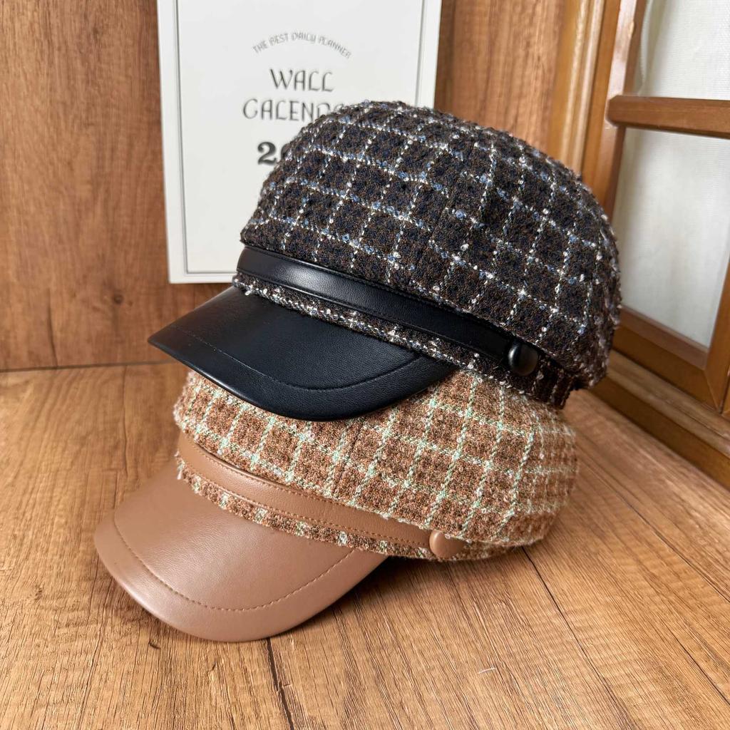 Tweed plaid fashion octagonal hat Children's autumn and winter British versatile newsboy hat Cold and warm temperament cap