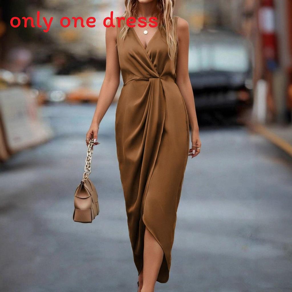 Elegant V Neck Sleeveless Long Dress With Asymmetric Hem For Formal Events