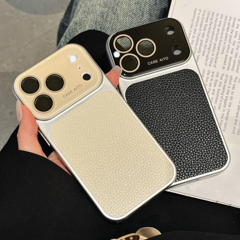 Luxury Lychee Solid Leather Color Case for iPhone 17 16 15 14 13 Pro Max Matte Shockproof Hybrid Glass Camera Protection Cover