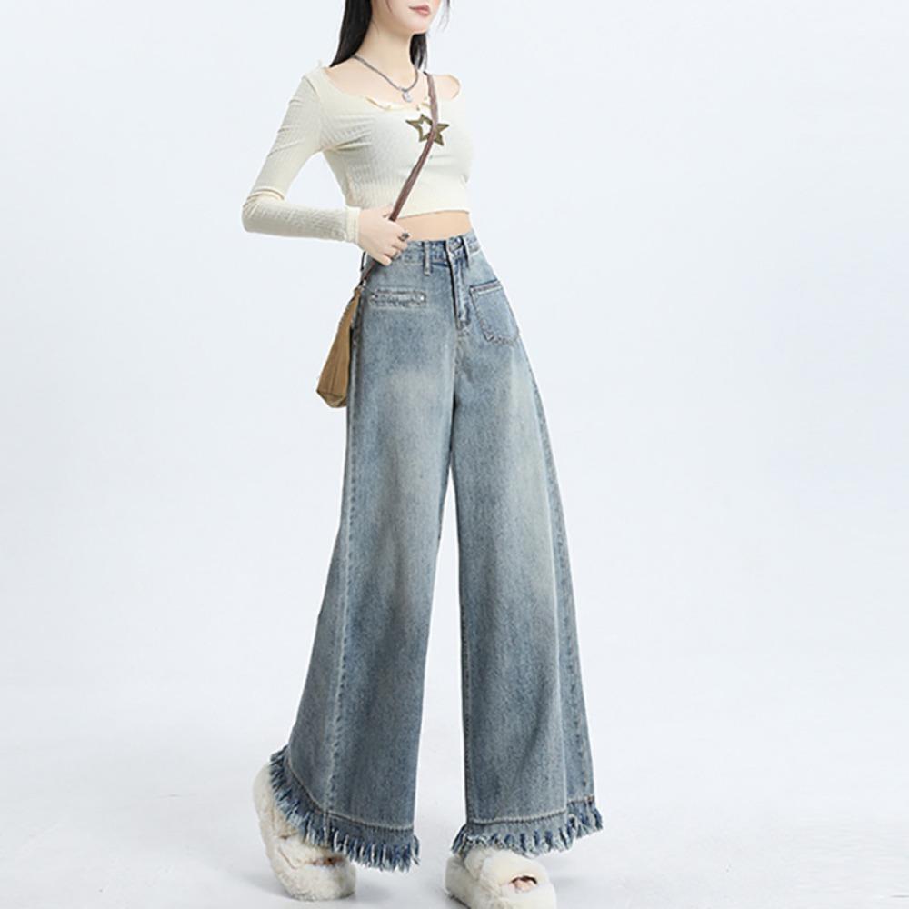 Retro loose burr jeans women's spring and autumn new high-waisted and thin small wide-leg floor-mopping pants tide