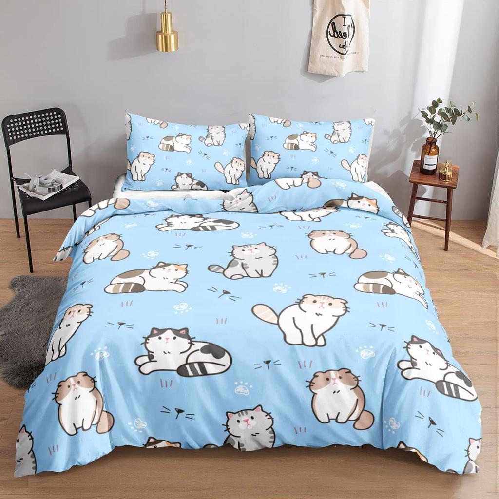 Cartoon Cat Duvet Cover Set Full Size Cute Cat Bedding Sets For Kids Girls Blue Watercolor Cat Comforter Covers Set All Season