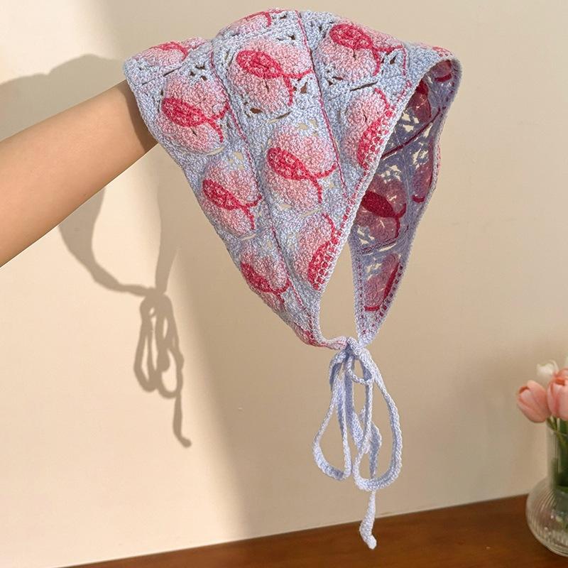 Knitted Crochet Headscarf French Pastoral Triangle Headband Handmade Soft Hair Wrapper for Beach Picnic Holiday Boho Fashion