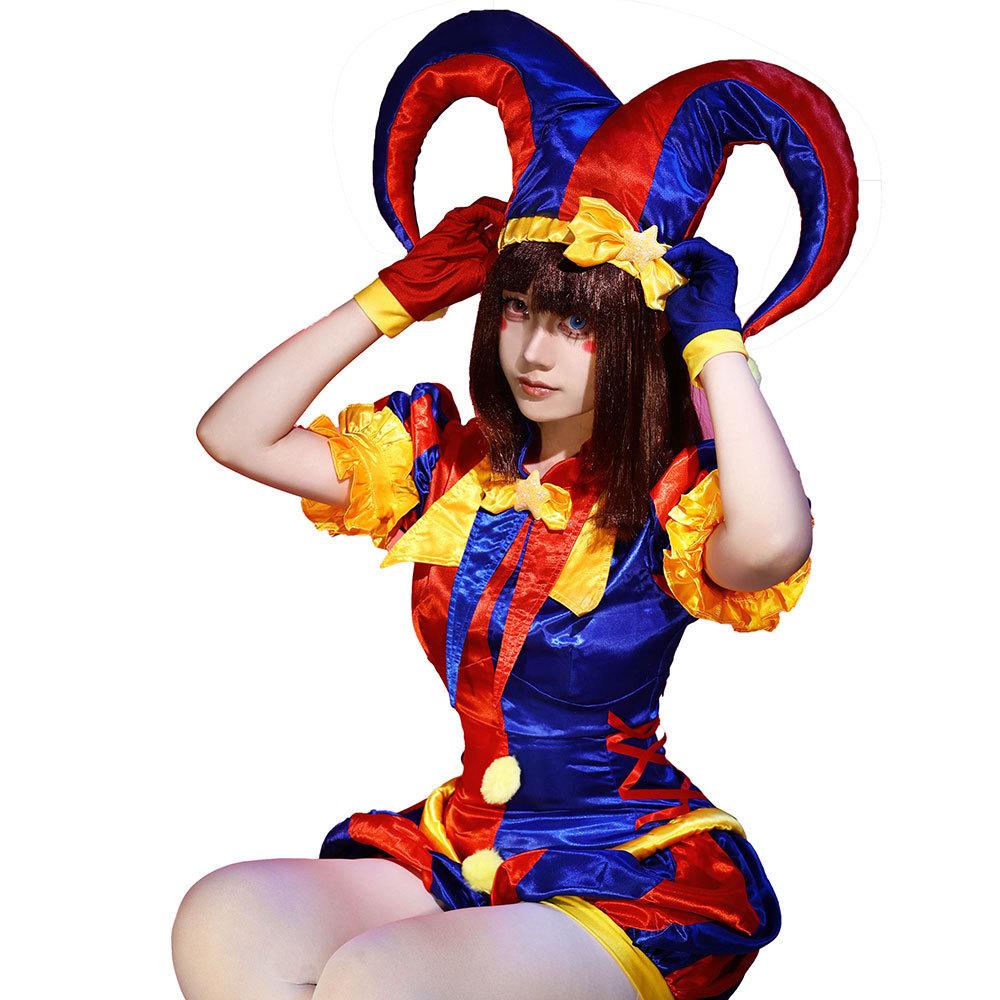 Pomni Cosplay Kostüme Anime Clown Uniform The Amazing Digital Circus Halloween Damen Overall Hut Handschuhe Beinabdeckung Socken Anzug