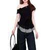 Koreanisches süßes Spice Girl schräges Schulter kurzärmeliges T-Shirt Damen Sommer Neu schlank und dünn karierte Patchwork-Optik Fake Two-Piece Top Trend