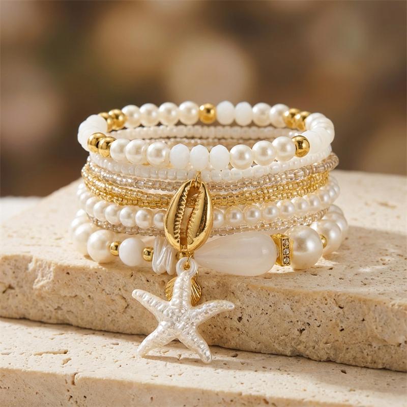 Imitation Pearl Starfish Shell Polymer Clay Braided Bracelet Personality Stacking Jewelry Beach Vacation Style Gift