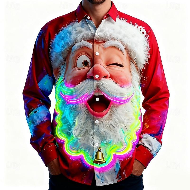 Christmas Men's 3D Santa Claus Printed Long Sleeve Shirt Polyester Lapel Formal Casual Shirt Autumn and Winter All-match Tops