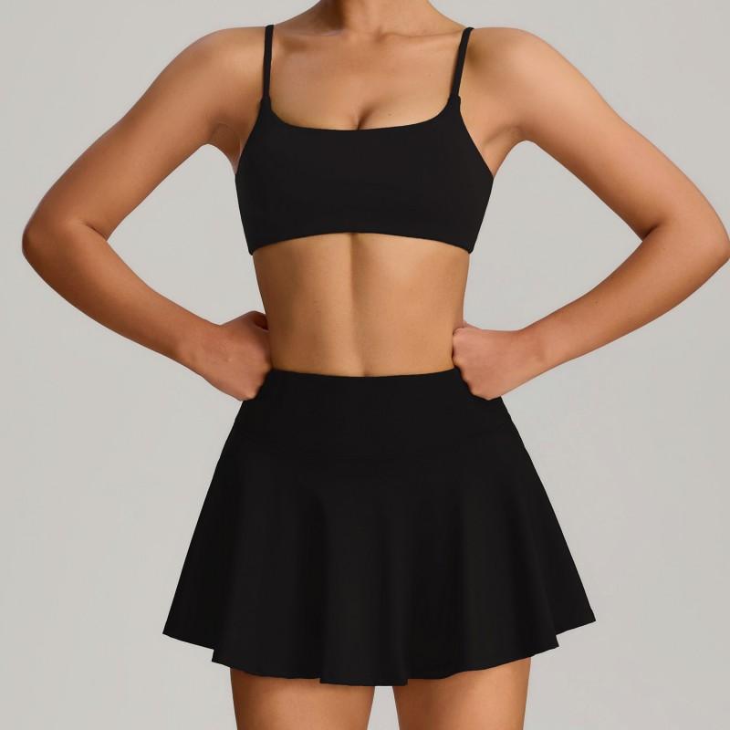 Womens Seamless Yoga Sports Set With Built-in Bra Pocket Skirt Outdoor Fitness Tennis Badminton
