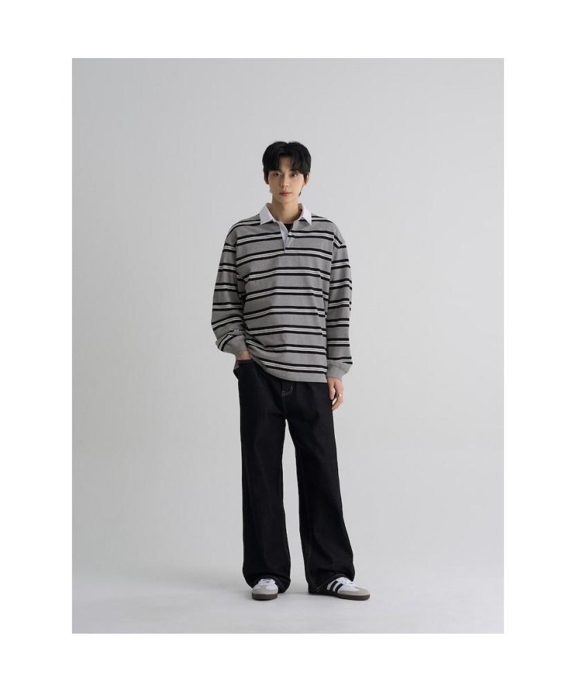 8SECONDS Heavy Cotton Collar Stripe Long Sleeve Tee Gray