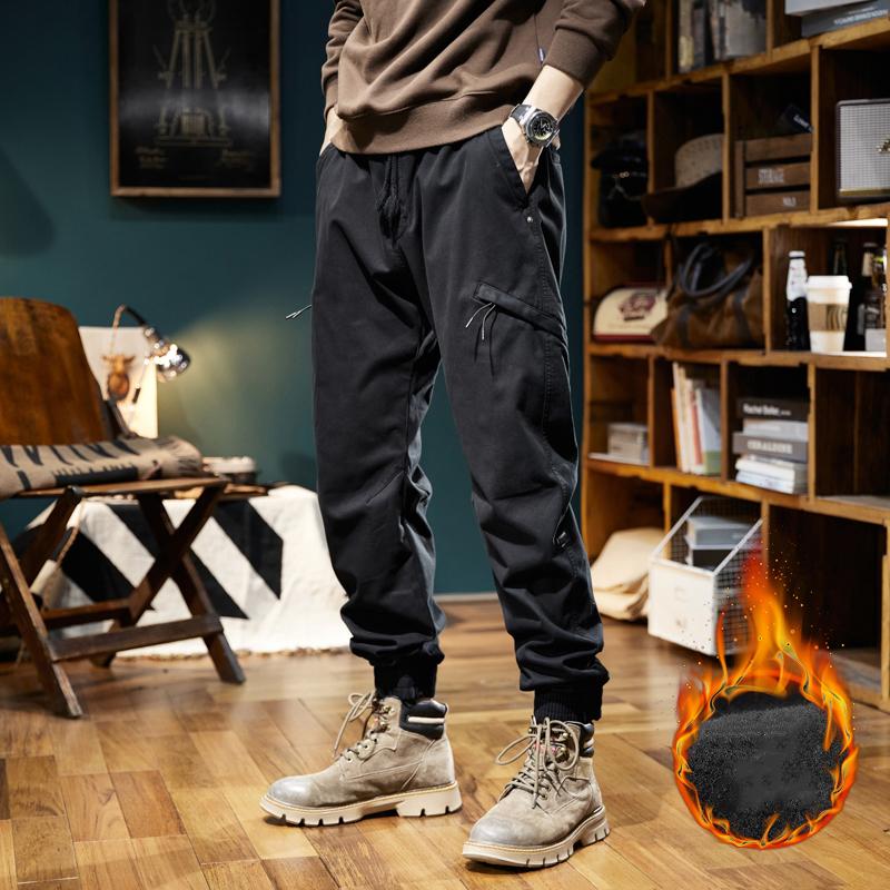 Pantaloni cargo de iarnă 2024, pentru bărbați, cu snur, căptușeală din lână, groase, calde, pantaloni de jogging, pantaloni termici casual din bumbac