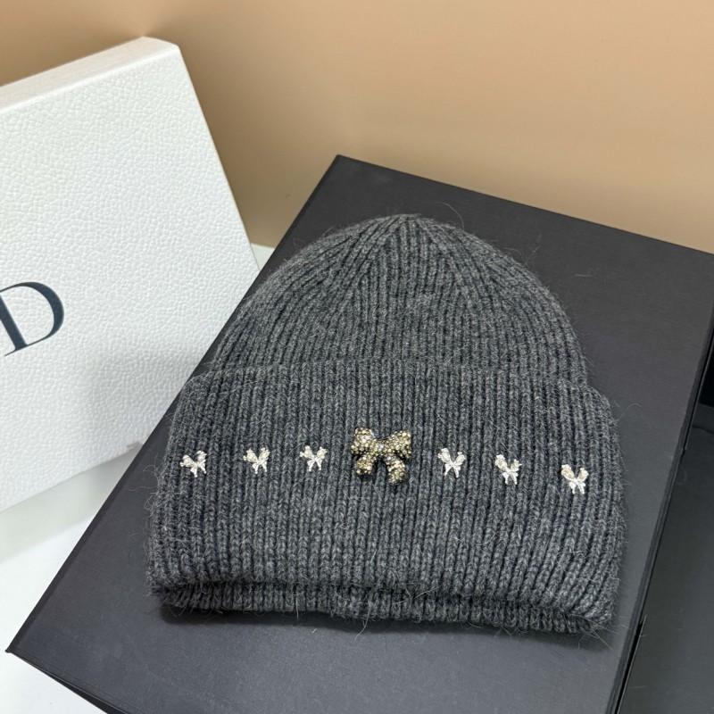 Winter High-Quality Bow Rhinestone Knit Hat Rabbit Fur Ear-Protection Warm Beanie Women