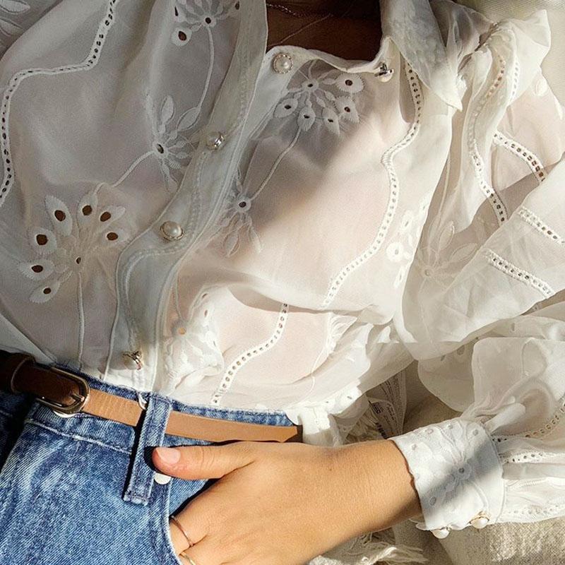 Vintage Embroidery Blouse Women Long Puff Sleeve Button Down Shirt Women Hollow Out Casual Crochet Lace Shirts Office Lady 19822