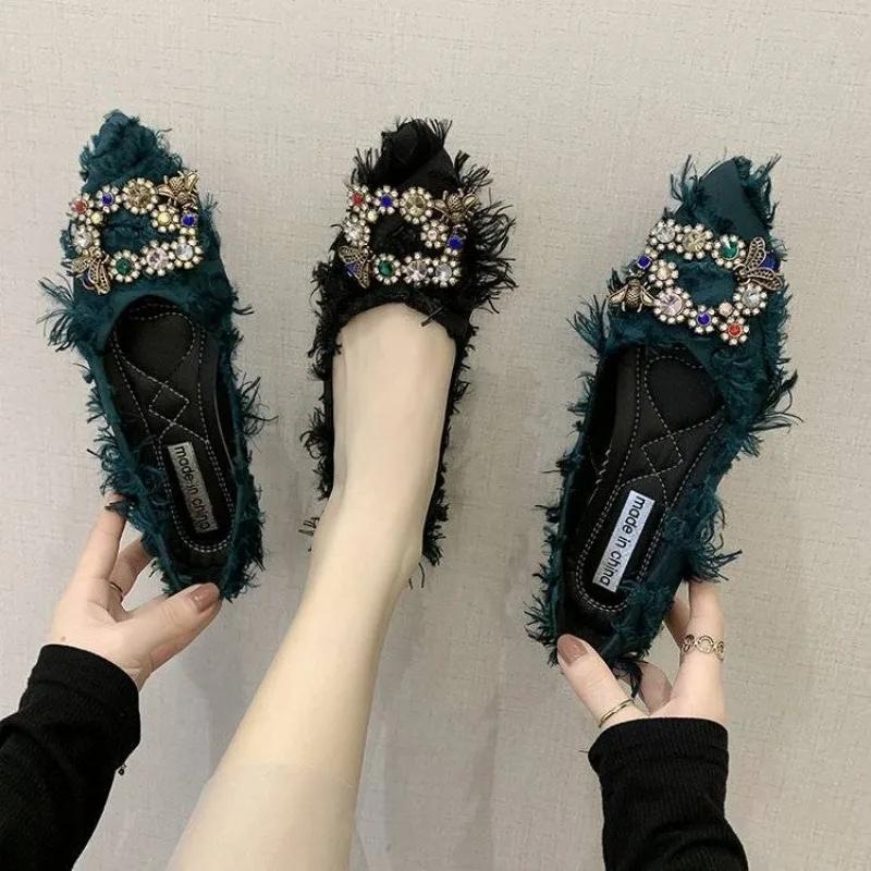 Fashion Black Shoes for Women Rhinestone with Crystals Green Elegant Party Pointed Toe Woman Flats Diamond Social Korean Style Lastest