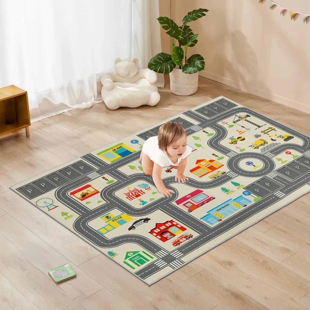 Kids Carpet Playmat Rug Polyester Children Playmat Indoor Anti-skid City Road Game Carpet Comfortable Educational Learning Toy
