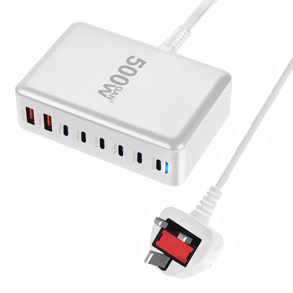500W Gallium Nitride 8-Port Desktop Charger with 6 USB-C and 2 USB-A Ports