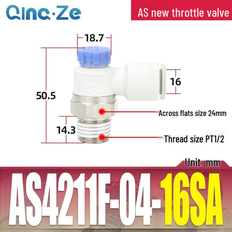 Throttle Speed Control Valve with AS1201F-M5-04A Pneumatic PU Air Hose Connector, Models AS2201F-01-2-06SA/08SA.