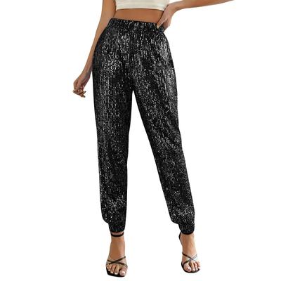 Women's Fashionable Solid Color Sequin Elastic Waist High Waisted Pants, Party Performance Casual Pants