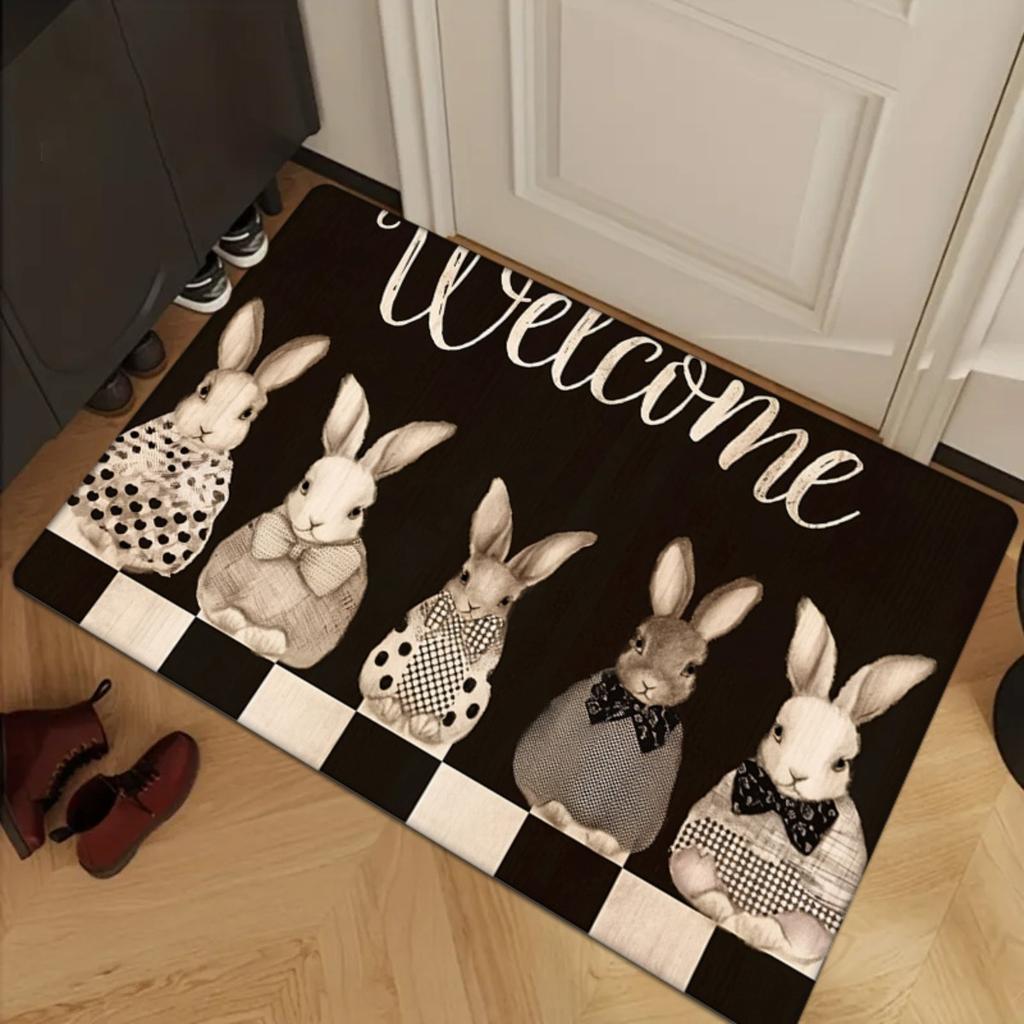 1 Stück 2D Flach Vintage Kaninchen Willkommenstext Karierter Rand Flanell Fußmatte Rutschfest Osterdeko Teppich für Eingangsbereich Boden