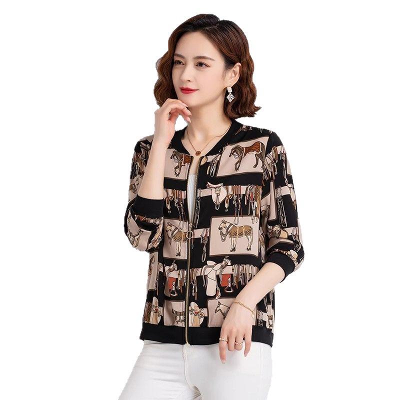Mother's Chiffon Printed Long-Sleeve Cardigan - 2025 Spring Collection, Plus Size, Versatile Baseball Jacket.