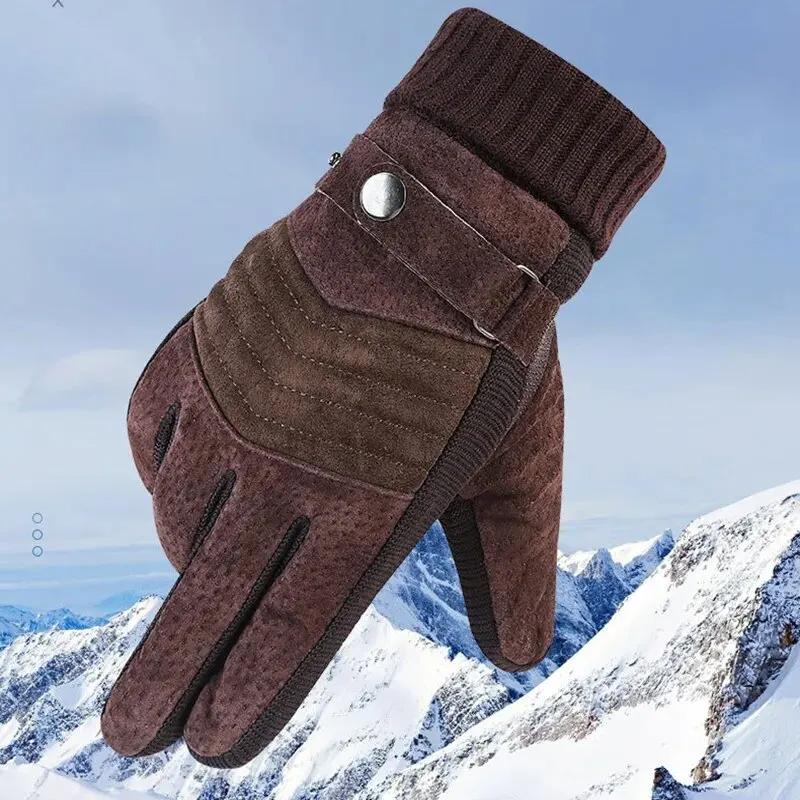 Gloves Men's Winter Cycling Motorcycle Windproof Cold Insulation Warm Leather Touch Screen Anti-Slip Thick Pile Black Gloves