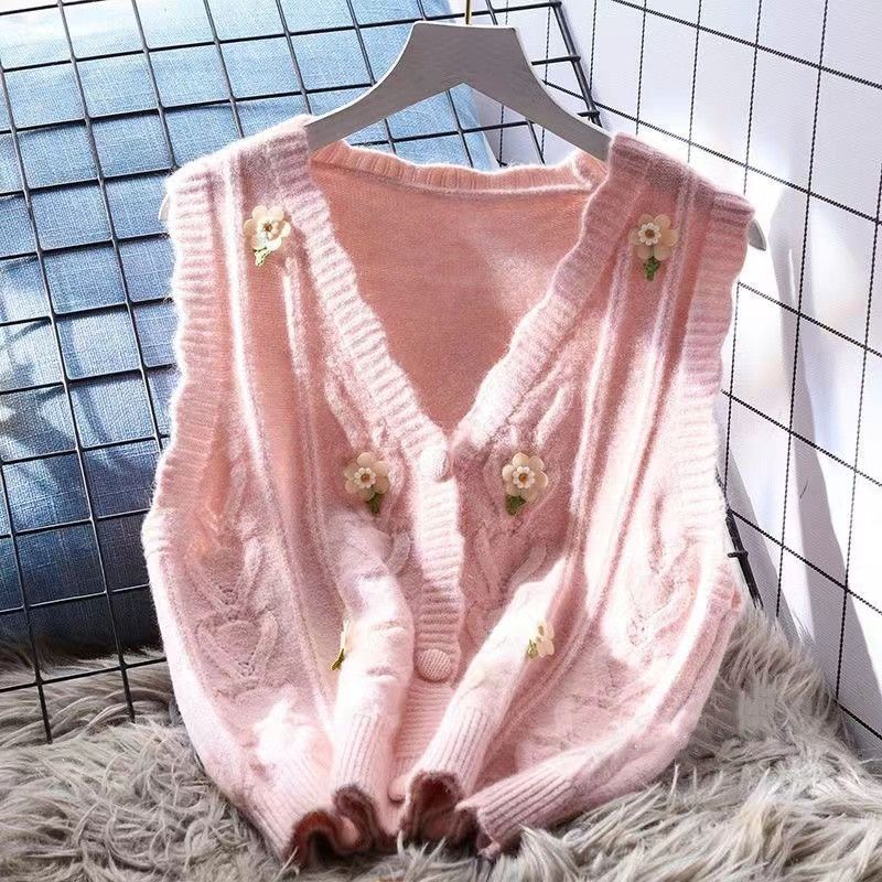 Soft Style V-neck Embroidered Knitted Vest Women's Loose Autumn Korean-style Outerwear Sleeveless Sweater Cardigan