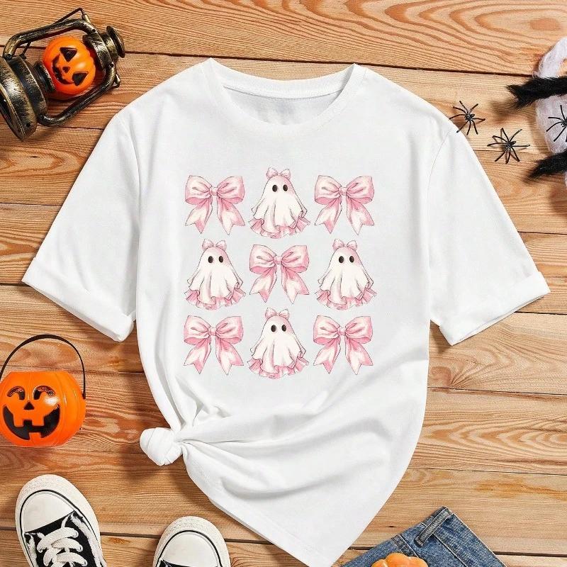 Halloween Graphic Top Cute Ghost  Plaid Bow Print Shirt Casual Round Neck Short Sleeve TShirt for Women FeUnisex Clothing S