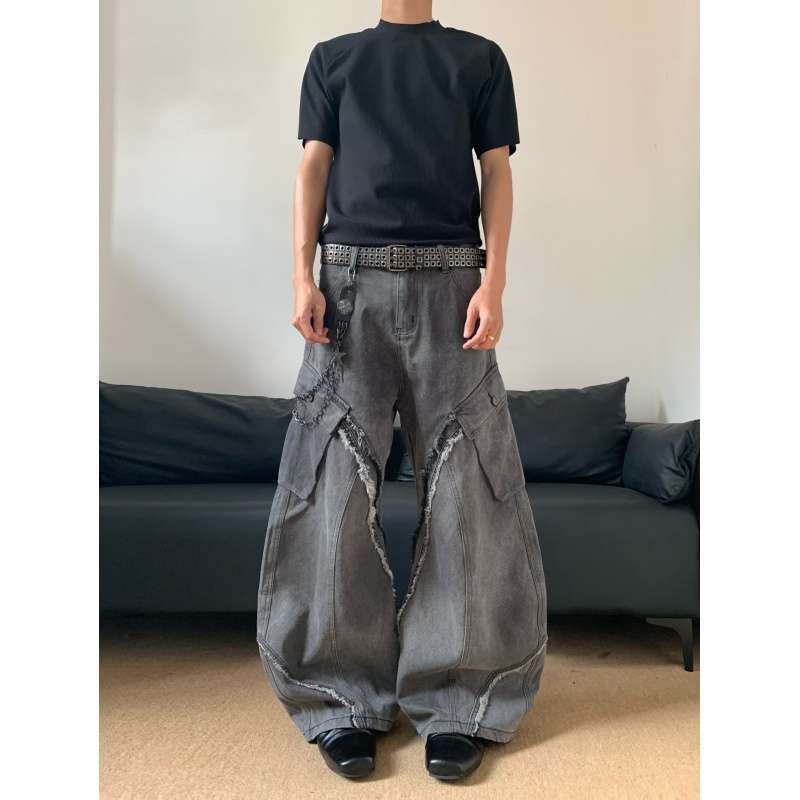 JYL Unisex Wide-Leg Jeans American New Vintage Washed Raw Edge Loose Bootcut Denim