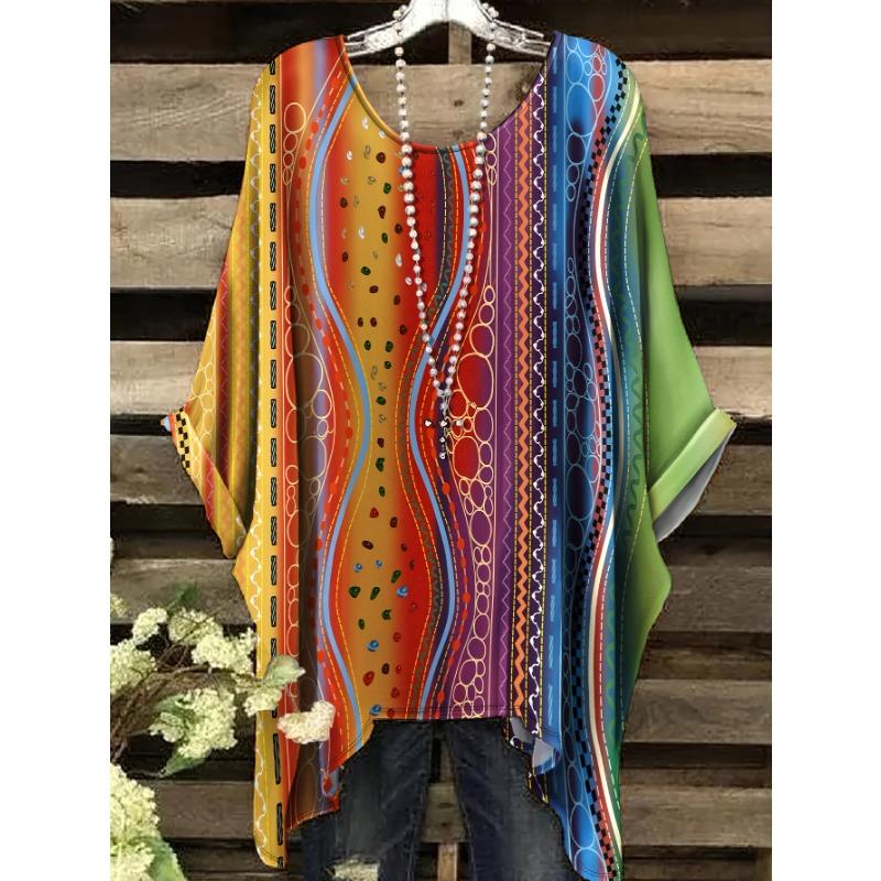 

Plus size women s new ethnic style printed round neck all over printed raglan sleeve top casual comfortable style irregular hem women s T-shirt 1XL