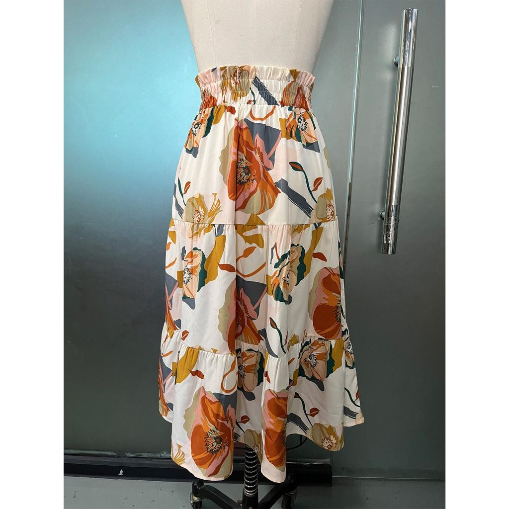 A-line Skirt, Pleated Skirt, Floral Print, Elastic Waist, Midi Skirt