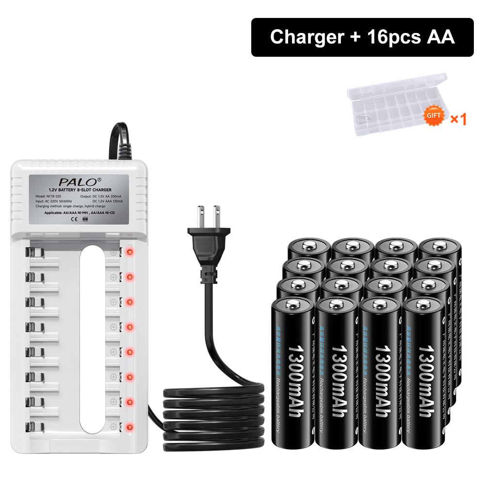 PALO 1.2V AA Ni-MH Battery 1300mah +AAA Rechargeable Batteries 600mah for Toy alarm clock with 8 slots Smart 2A 3A Battery Charger