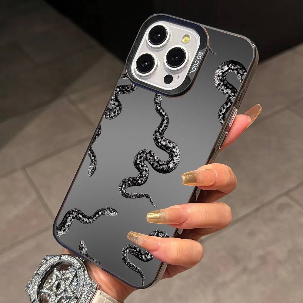 Stylish Black S-Snake Print Phone Case For iPhone 17,16,15,14,13,12,11 Plus,Pro Max,XS,Colored Silver Plated Inside Cover