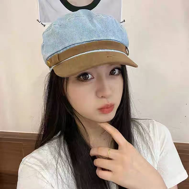 Denim Schiebermütze mit flachem Oberteil Damen Wildleder Colorblock Retro Achteckige Mütze Vielseitige Baskenmütze Malermütze