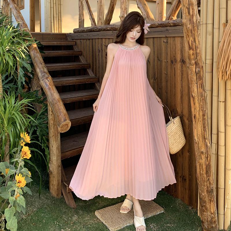 

French Fairy Pink Neck Dress Women s Summer Lazy Seaside Vacation Beautiful Photo Dress L рожевий